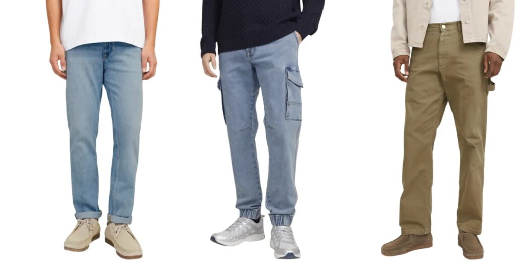 Tres estilos de jeans para hombre: regular, cargo y carpenter en tonos denim claro y verde caqui.