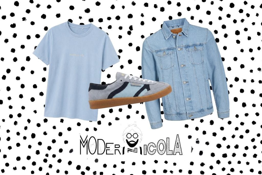 Outfits de otoño para hombre con camiseta, chaqueta vaquera y zapatillas