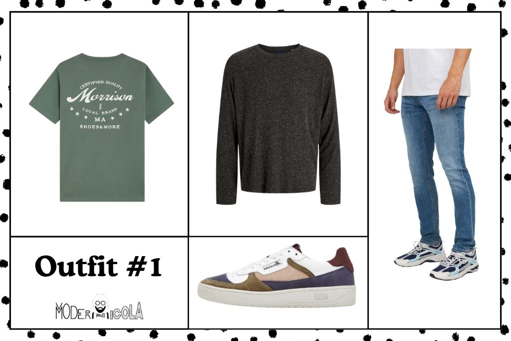 Outfit de otoño para hombre con jeans, camiseta, jersey y zapatillas