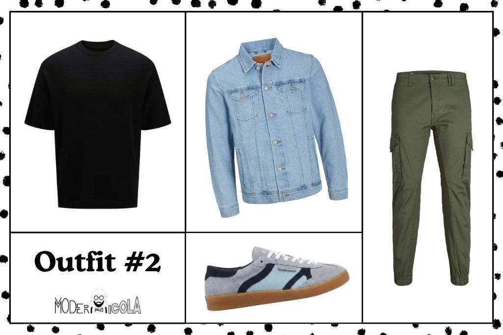 Look de entretiempo para hombre con chaqueta vaquera y pantalón cargo kaki