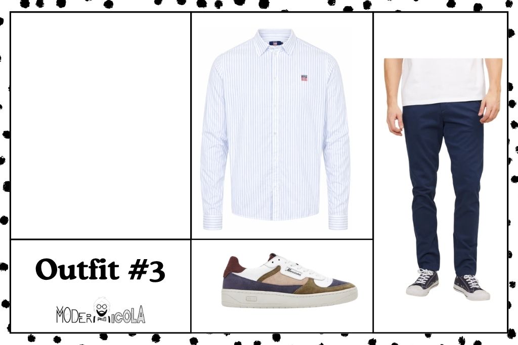 Outfit casual elegante para hombre con camisa, chinos y zapatillas