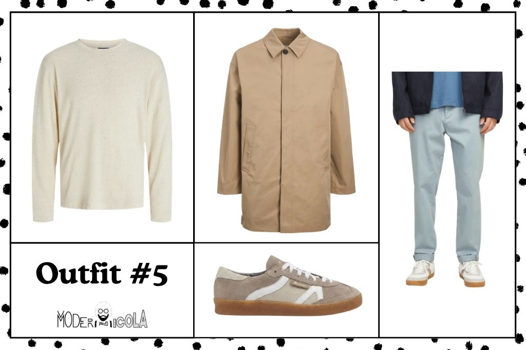 Look de otoño para hombre con gabardina, jersey y pantalones claros