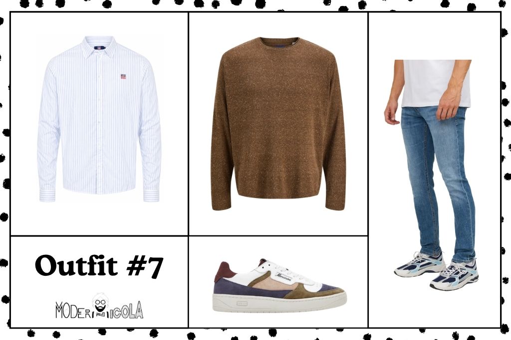 Look de hombre con camisa, jersey, jeans y zapatillas